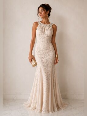 Vintage Pearl Beaded Lace Mermaid Gown Bridal Prom Nude Cream R&M Richards Sz M